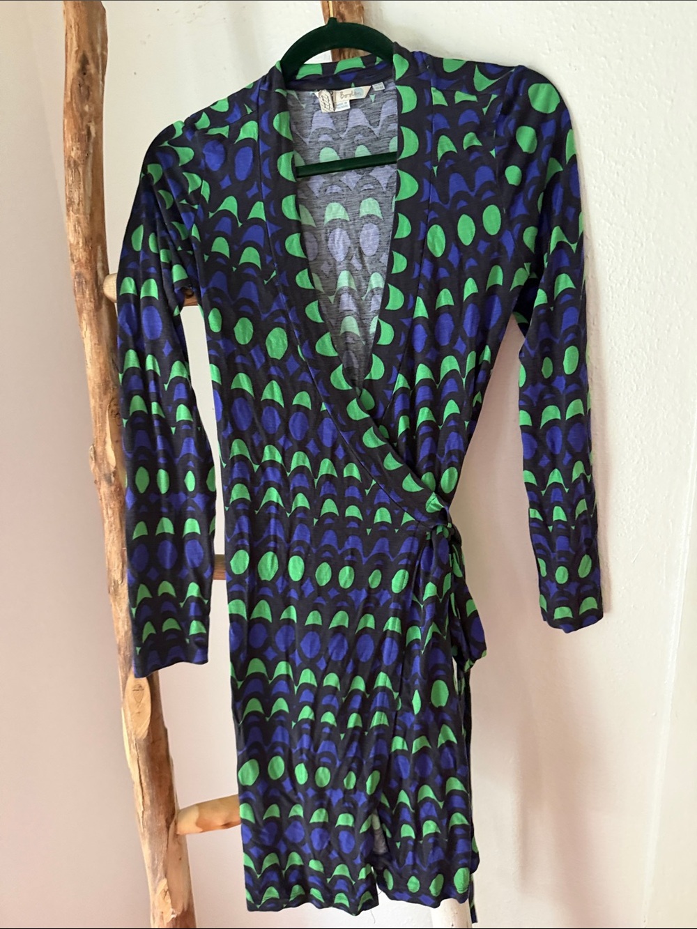 Boden Green Blue Black Geometric Print Long-Sleeve Wrap Knit Dress 4